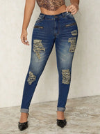 Distressed Skinny Jeans with Zipper Detail - Modern High-Rise Ripped Denim