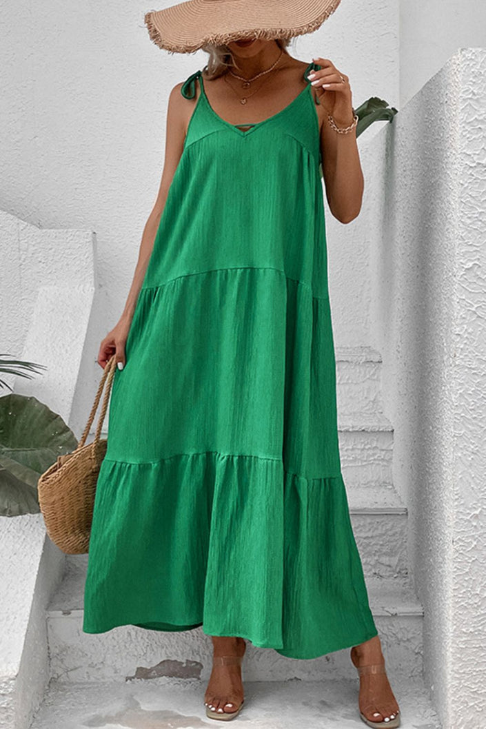 Elegant Tie-Shoulder Tiered Vacation Maxi Dress