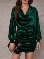 Emerald Velvet Ruched Mini Dress – Elevated Glamour