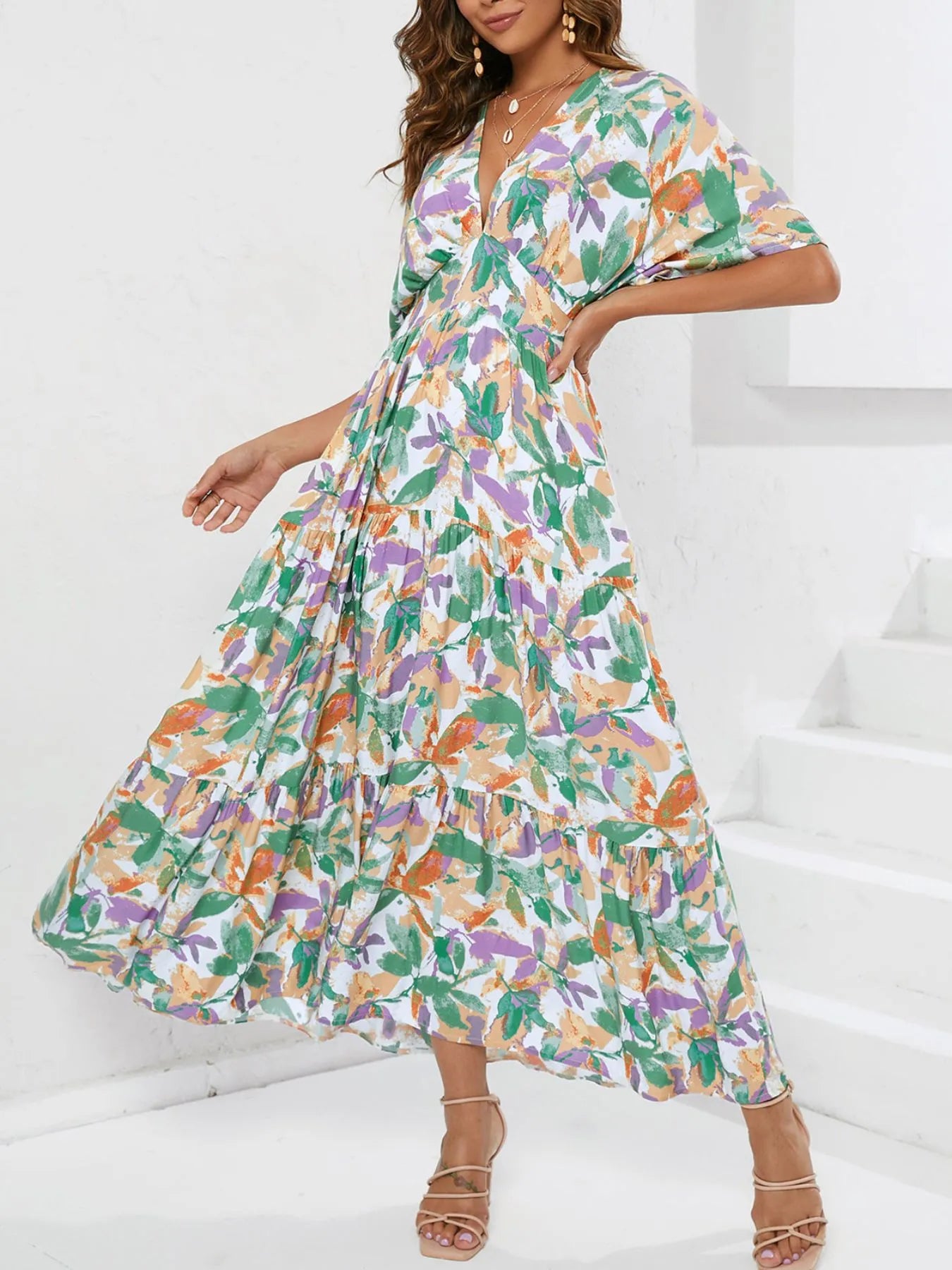 Floral Boho Ruched Midi Dress