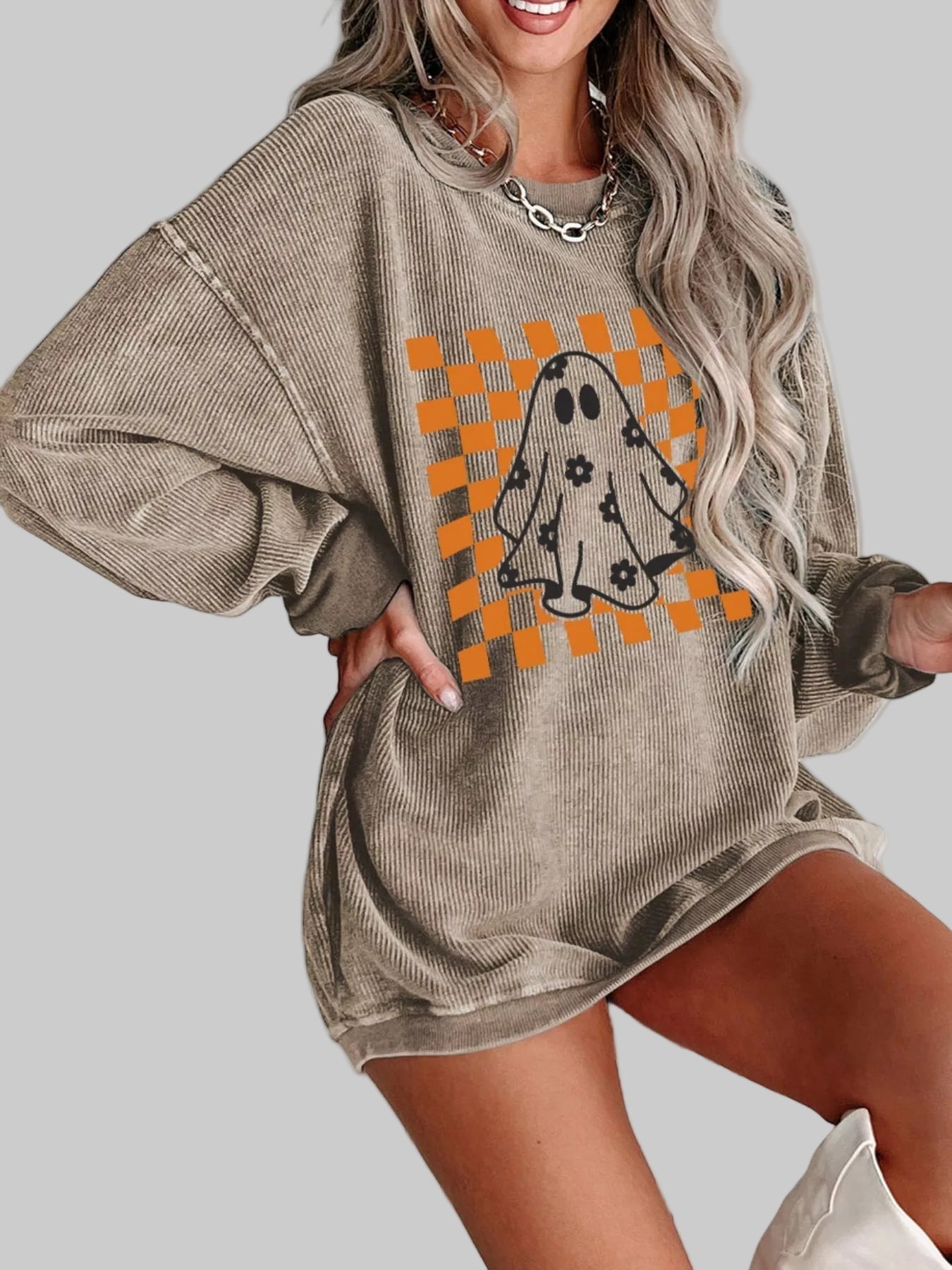 Halloween Checkerboard Floral Ghost Sweatshirt