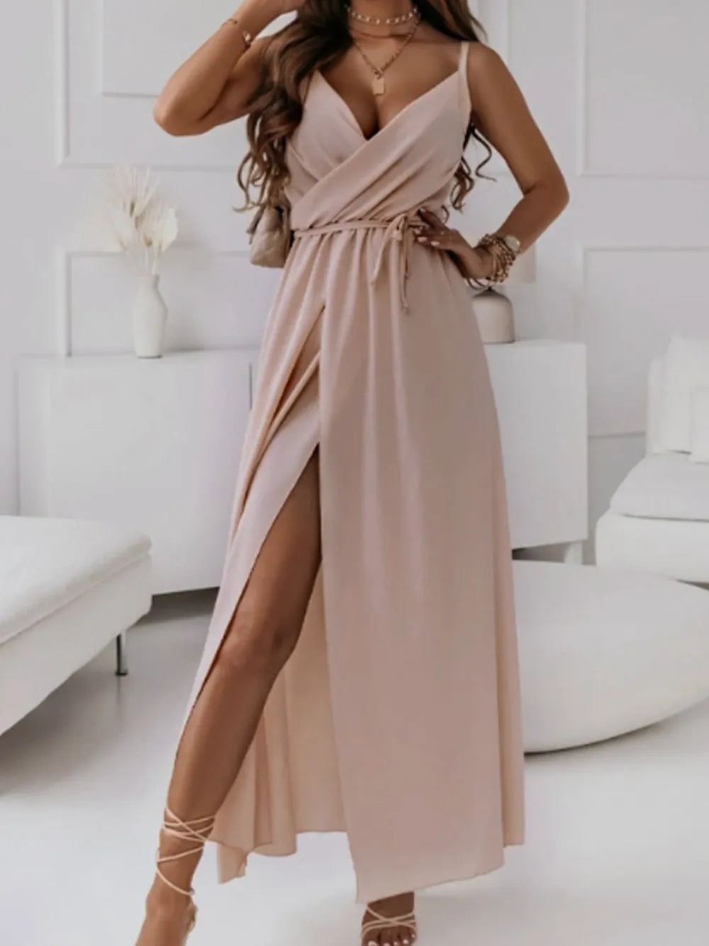 Honey Tie-Waist Surplice Midi Dress