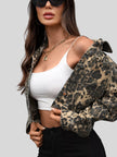Leopard Trim Button-Up Cropped Jacket