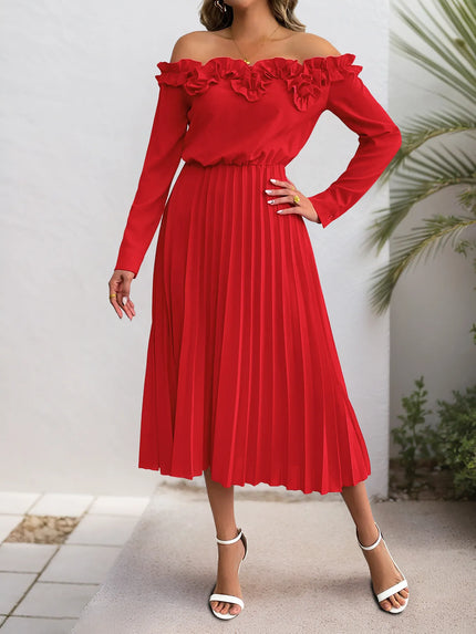 Off-Shoulder Ruffle Pleated Midi Dress - Elegant Flowy Cocktail & Event Silhouette