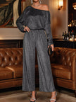 One-Shoulder Glitter Wide Leg Jumpsuit with Long Sleeve