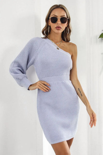 One Shoulder Ribbed Sweater Dress