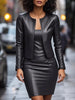 Open Front Leather Jacket & Dress Two-Piece Set