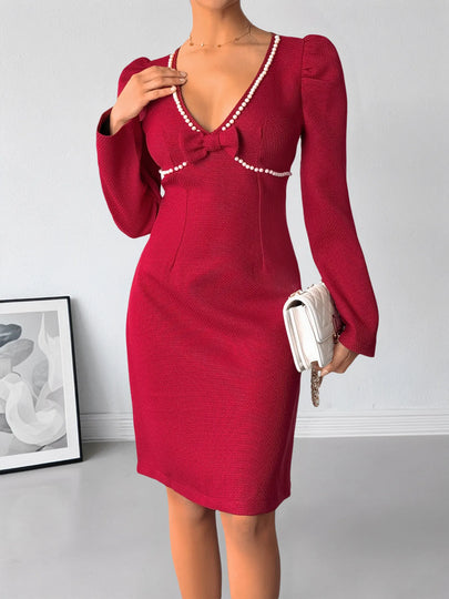 Pearl Trim V-Neck Long Sleeve Bodycon Dress