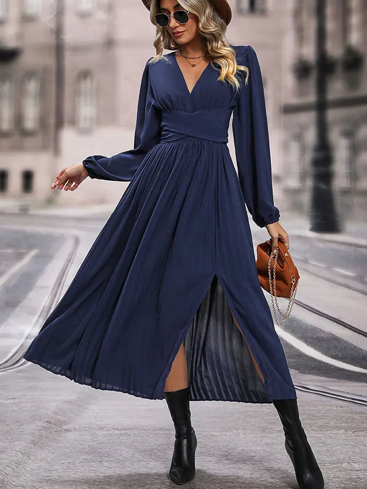 Perfee V-Neck Pleated Midi Dress with Slit


