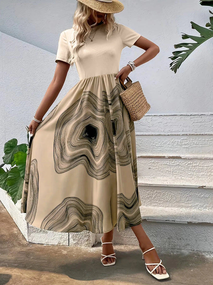 Printed Round Neck Short Sleeve Maxi Dress