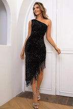 Sequin One-Shoulder Fringe Dress – Statement Glam