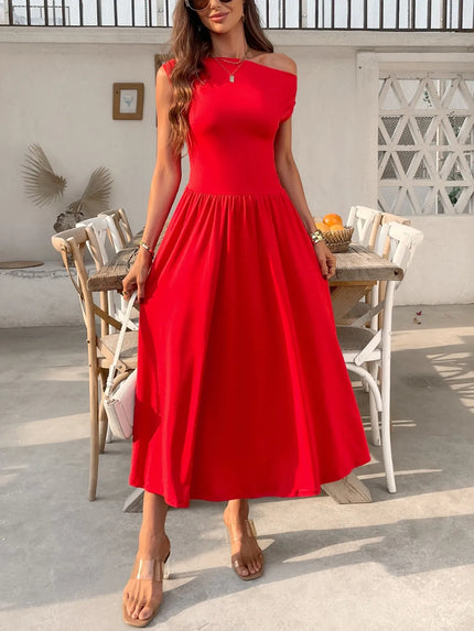 Single Shoulder Midi Dress with Pockets - Chic One-Shoulder Summer Silhouette