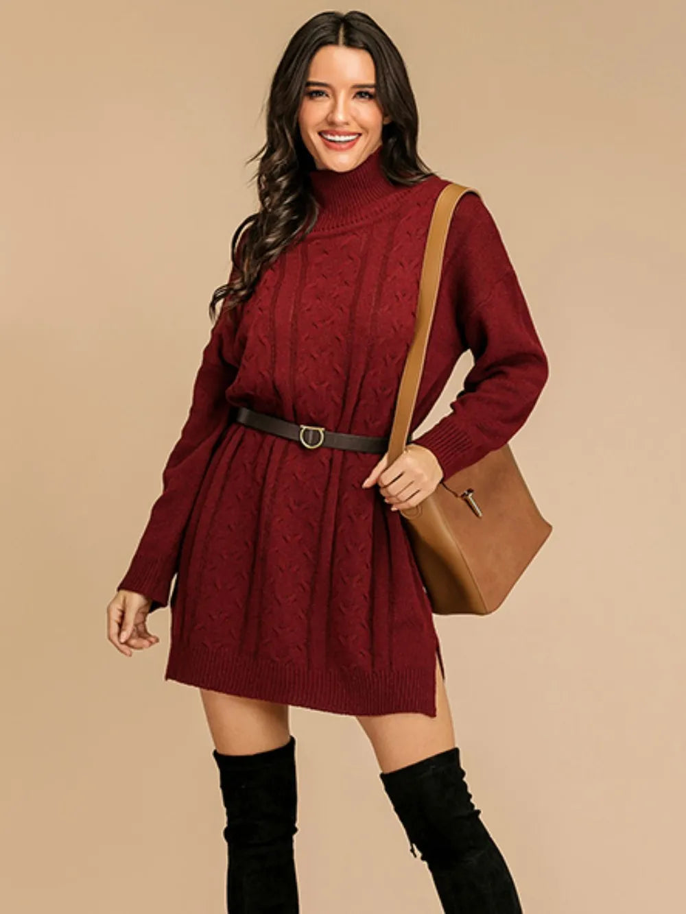 Slit Turtleneck Cable Knit Dress