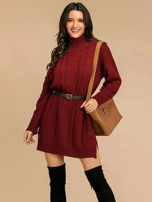 Slit Turtleneck Cable Knit Dress
