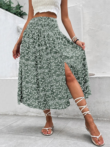 Smocked Printed Slit Midi Skirt