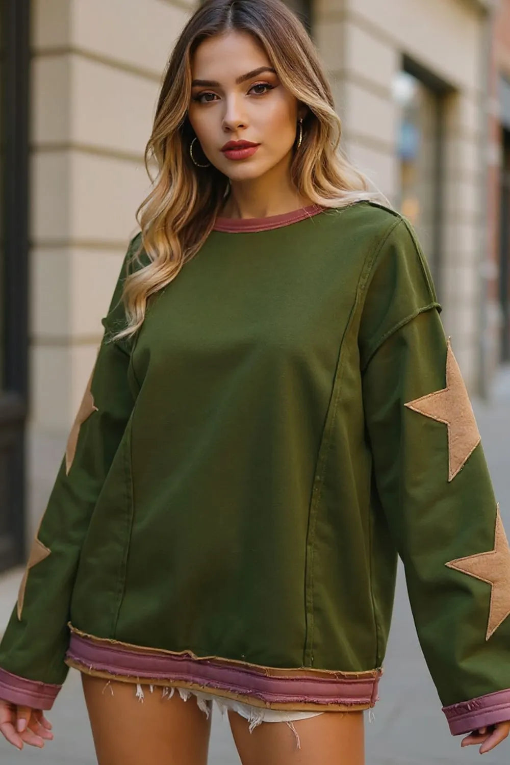 Star Patched Exposed Seam Long Sleeve Sweatshirt