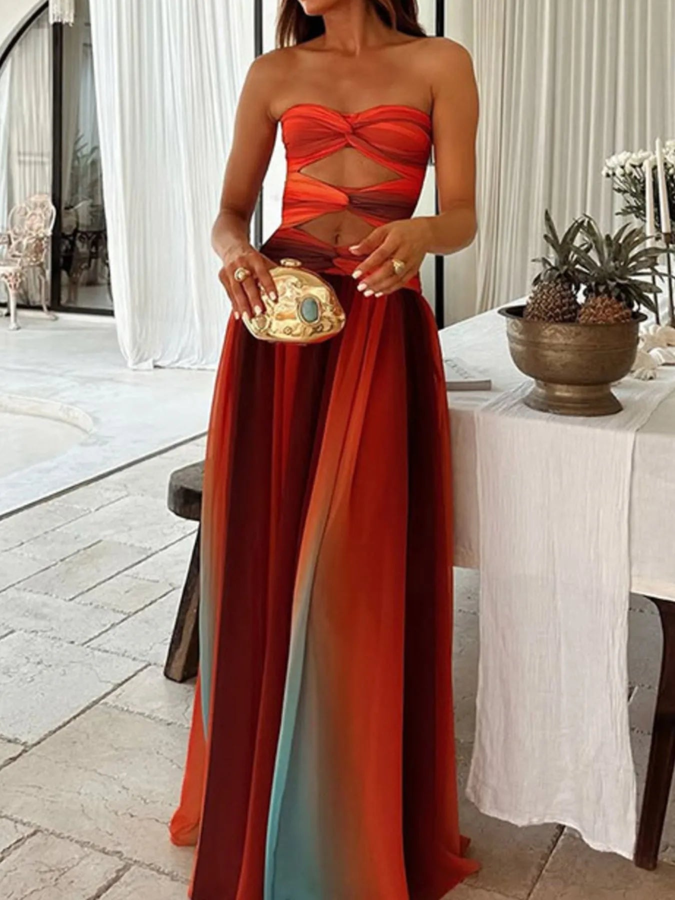 Strapless Cut-Out Ombre Maxi Dress