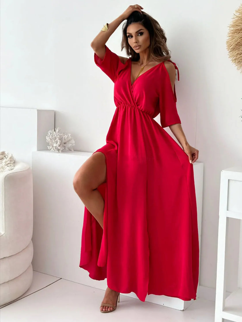 Tied Shoulder Slit Maxi Dress