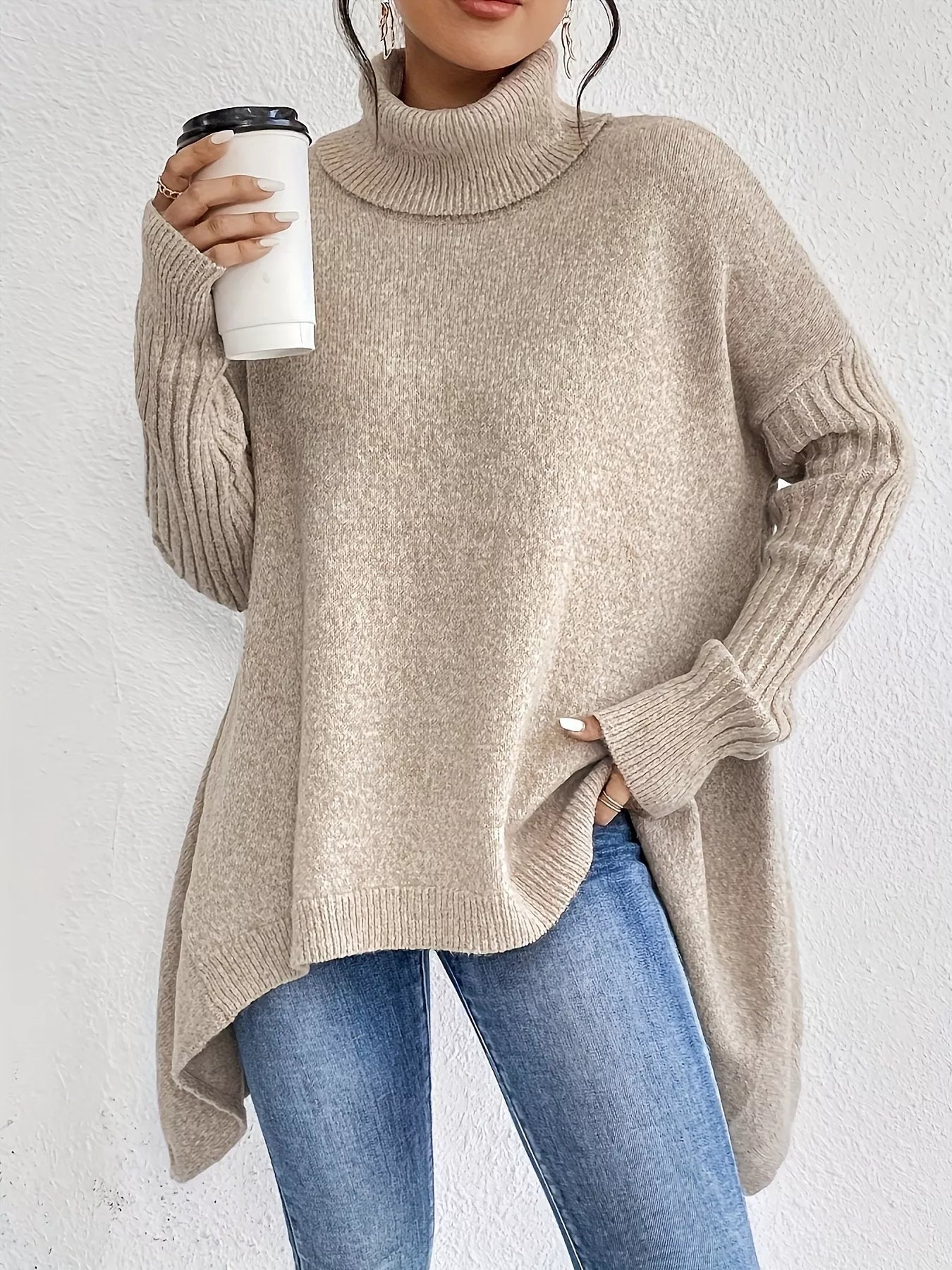Turtleneck High-Low Hem Ribbed Sweater - Oversized Asymmetrical Knit Pullover