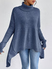 Turtleneck High-Low Hem Ribbed Sweater - Oversized Asymmetrical Knit Pullover
