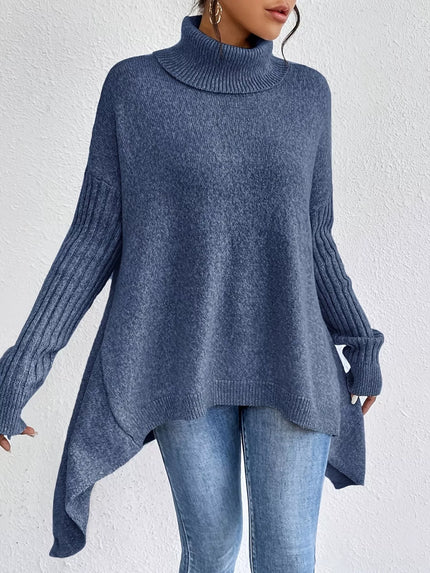 Turtleneck High-Low Hem Ribbed Sweater - Oversized Asymmetrical Knit Pullover