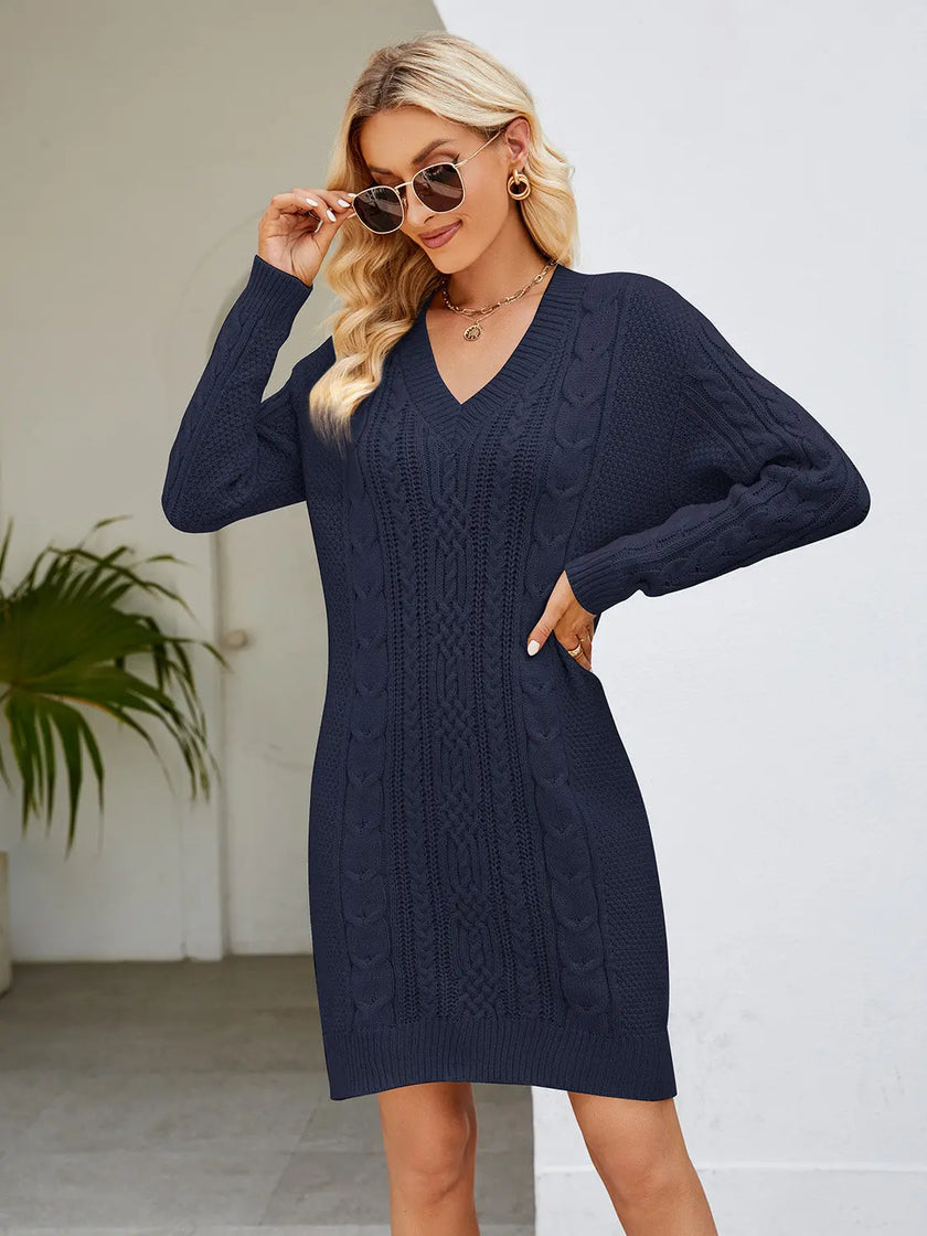 Cozy Cable-Knit V-Neck Mini Sweater Dress