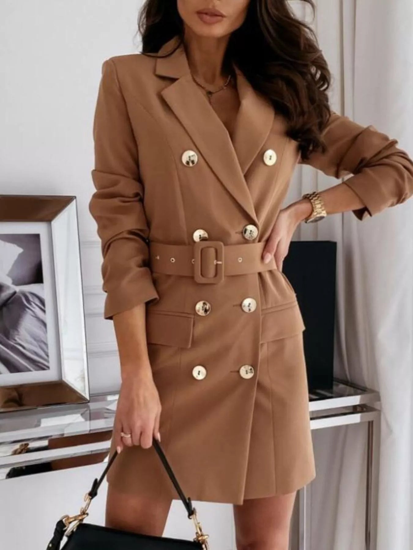 Tailored Double-Breasted Blazer Dress with Waist-Cinching Belt - Sophisticated Mini Dress