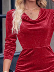 Velvet Cowl Neck Ruched Long Sleeve Bodycon Dress