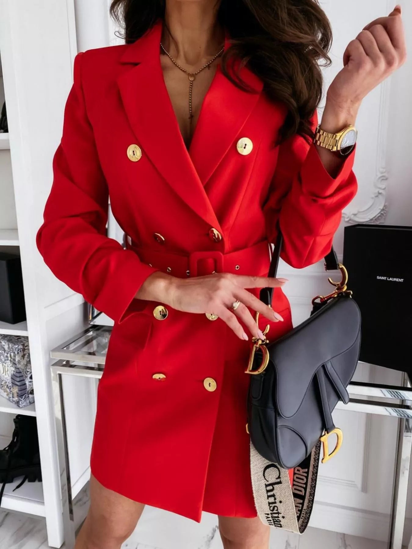 Tailored Double-Breasted Blazer Dress with Waist-Cinching Belt - Sophisticated Mini Dress