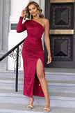 One-Shoulder Ruched Slit Dress