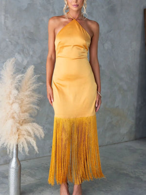 Fringe Open-Back Halter Dress