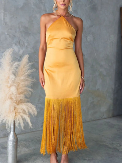 Fringe Open-Back Halter Dress