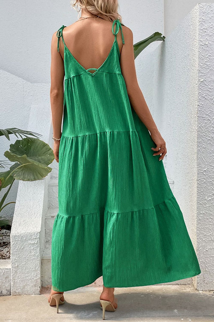 Elegant Tie-Shoulder Tiered Vacation Maxi Dress
