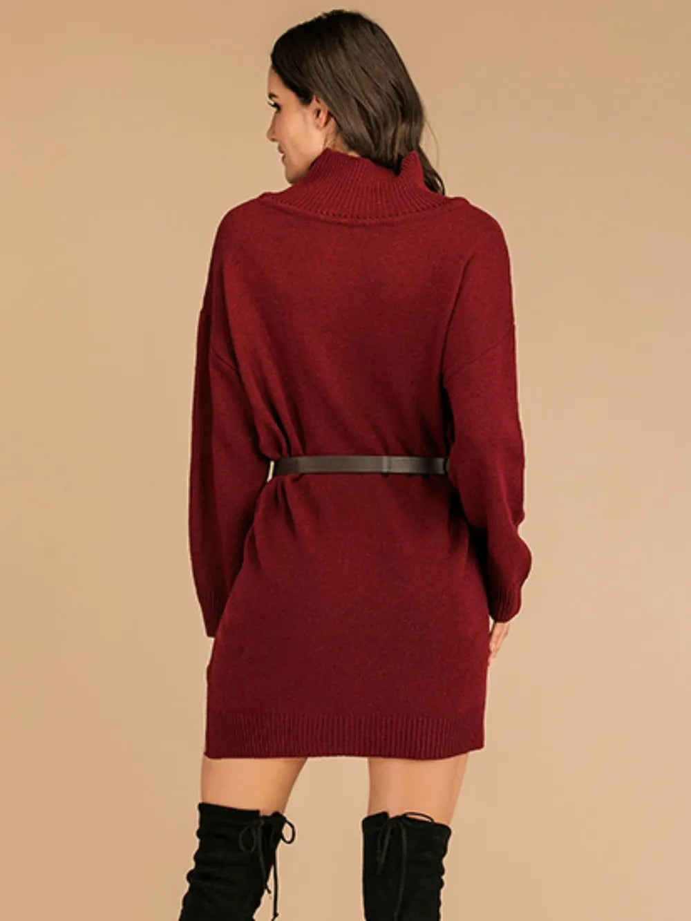 Slit Turtleneck Cable Knit Dress