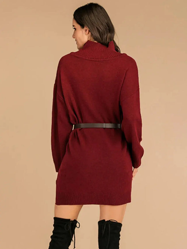 Slit Turtleneck Cable Knit Dress
