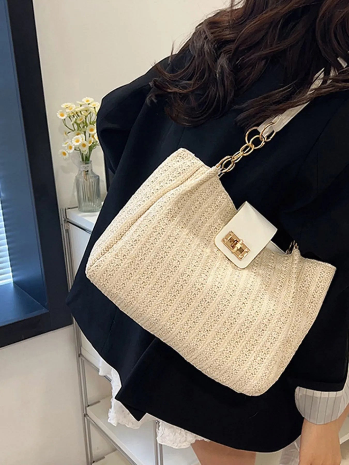 Woven Straw Medium Shoulder Bag