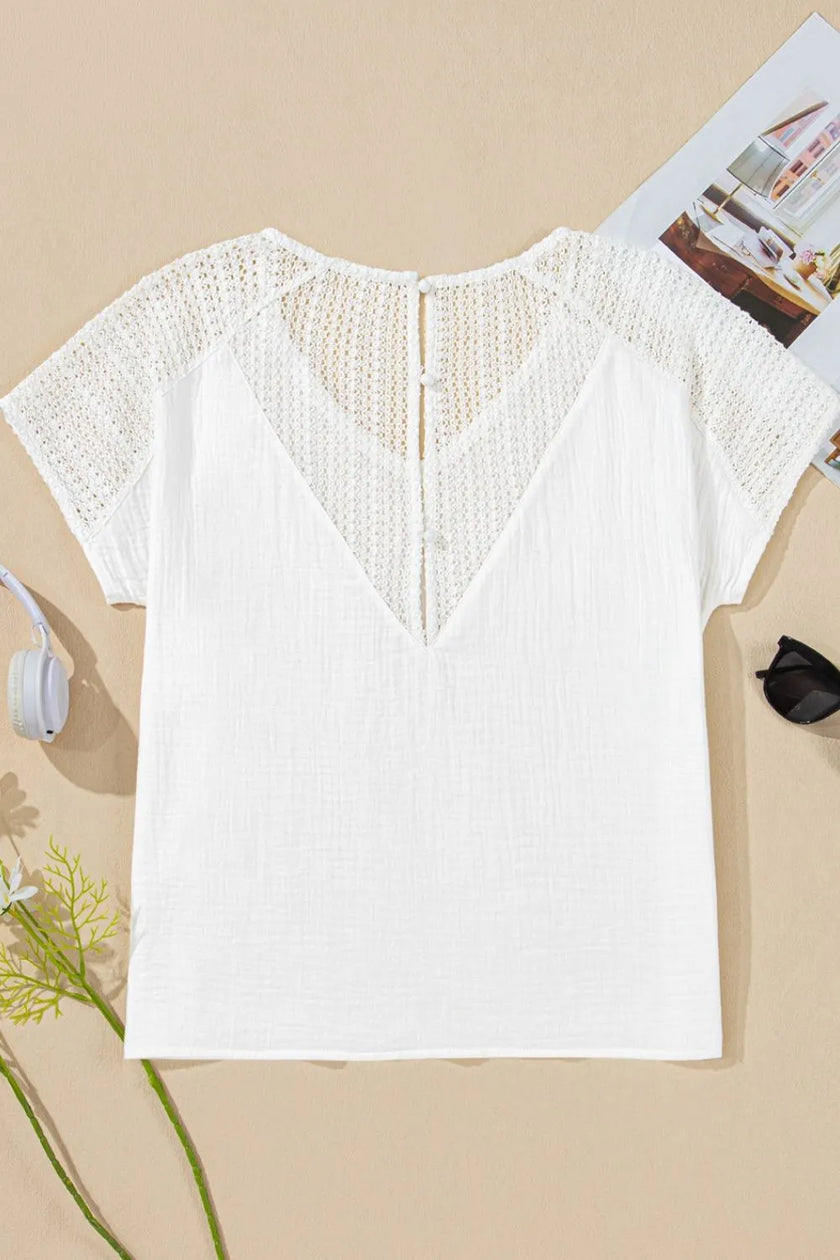 Lace Crochet Button Back V-Neck Tee