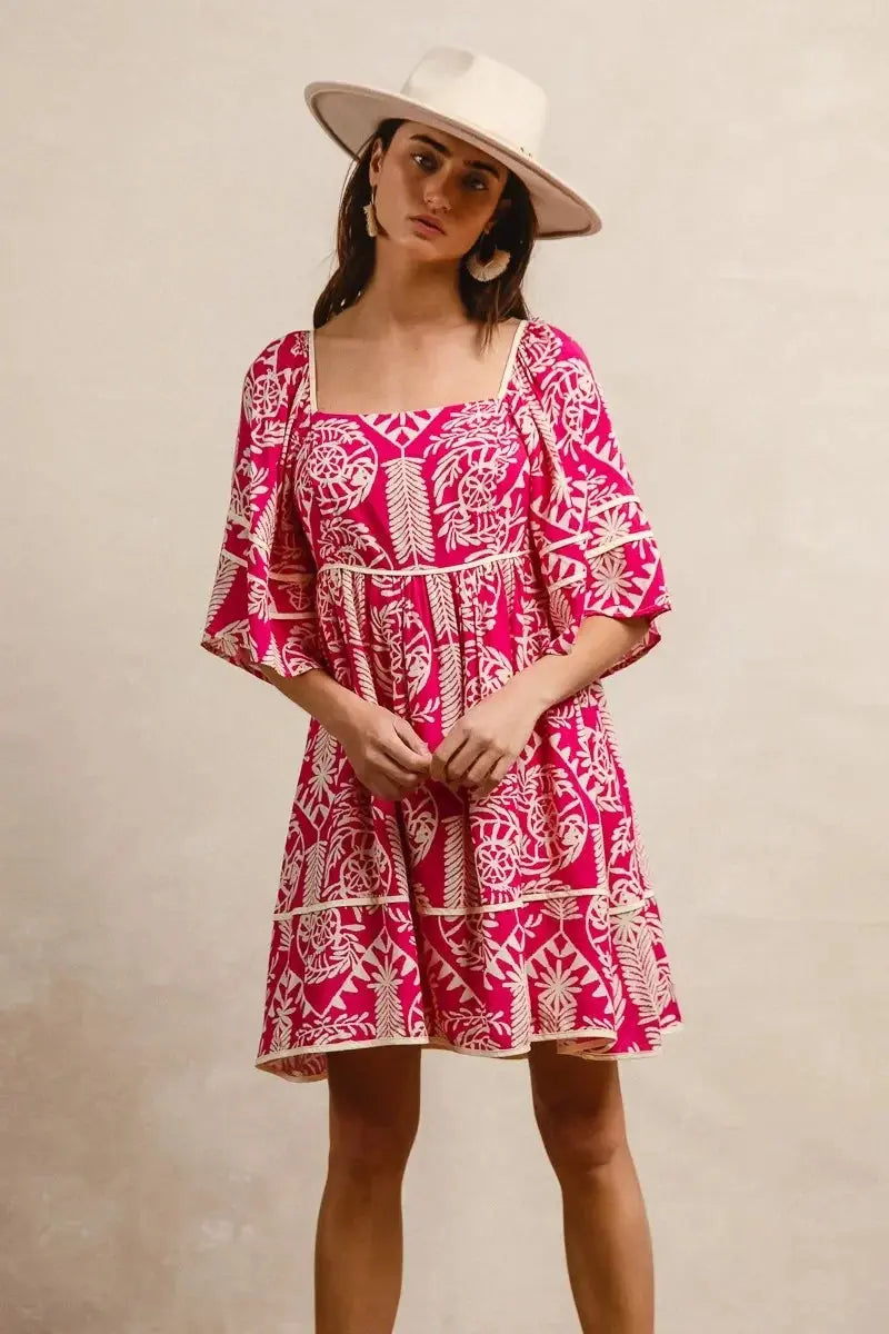 BiBi Aztec Woven Printed Contrast Binding Dress - Heraki 