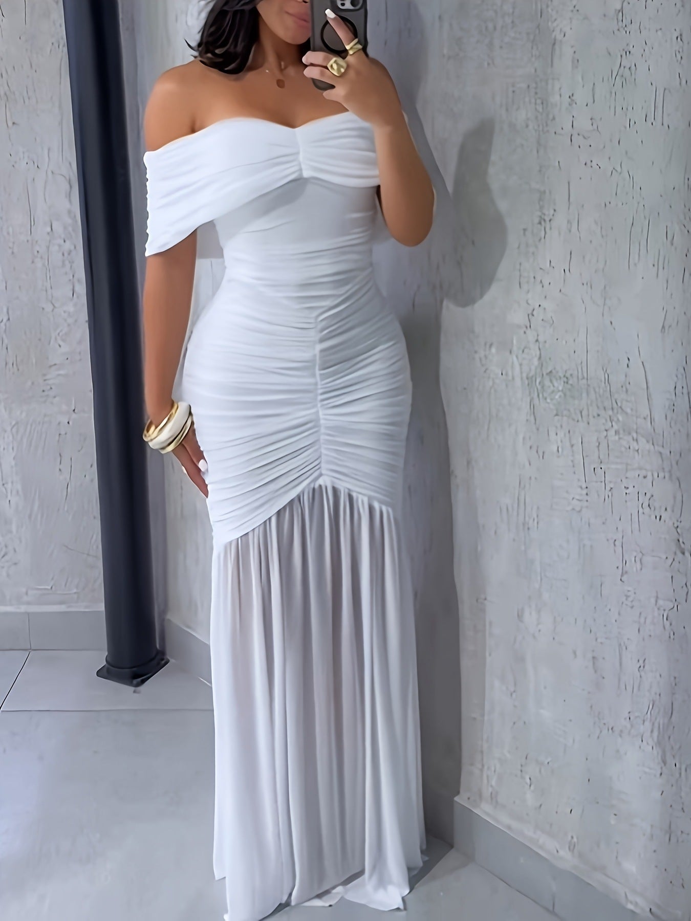 Angelic Silhouette Off-Shoulder Maxi Dress - Elegant Ruched White Gown