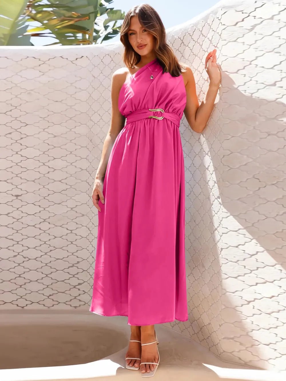 Asymmetric Belted Flow Midi Dress