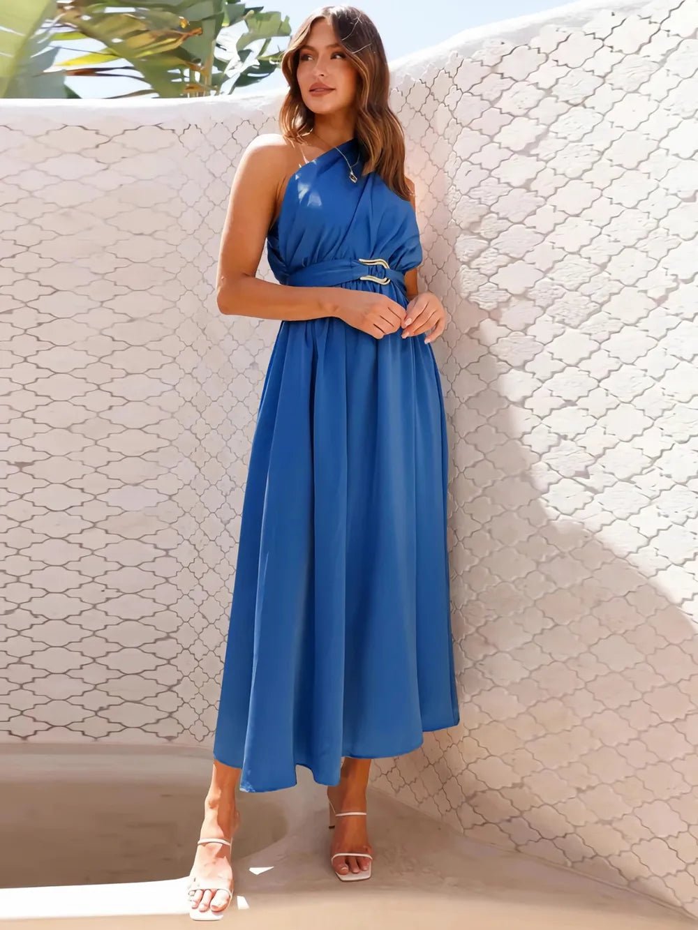 Asymmetric Belted Flow Midi Dress