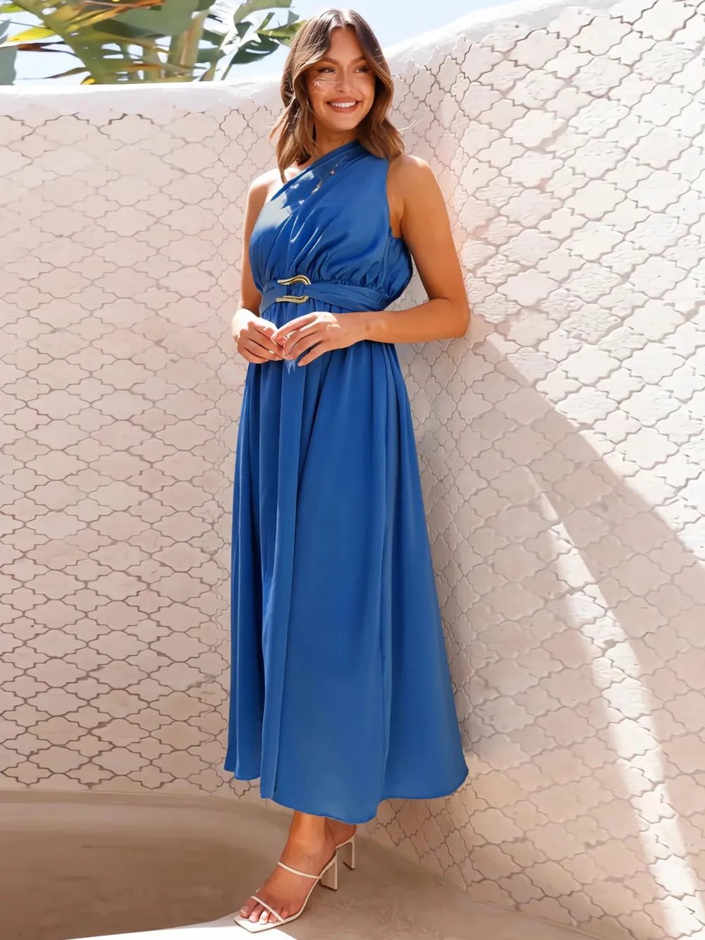 Asymmetric Belted Flow Midi Dress