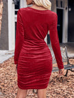 Velvet Cowl Neck Ruched Long Sleeve Bodycon Dress