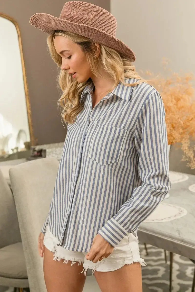 Lurex Linen Stripe Shirt Button Down Top - Heraki 
