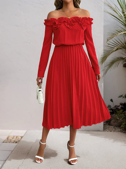 Off-Shoulder Ruffle Pleated Midi Dress - Elegant Flowy Cocktail & Event Silhouette
