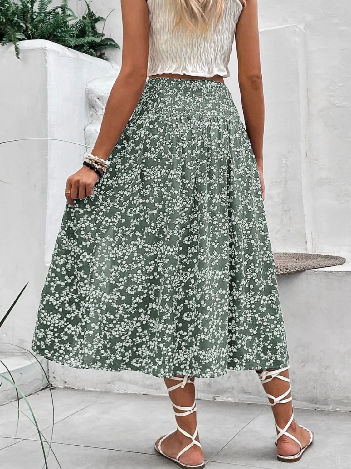 Smocked Printed Slit Midi Skirt