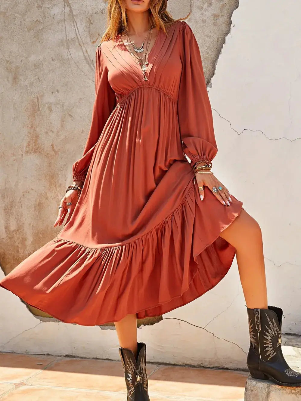 Ruched Long Sleeve Midi Dress