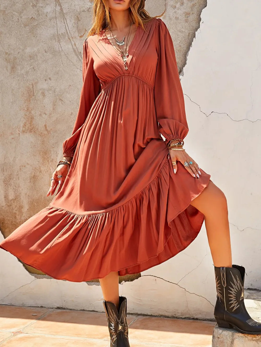 Ruched Long Sleeve Midi Dress