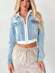 Distressed Zip Up Cropped Hooded Denim Jacket