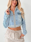 Distressed Zip Up Cropped Hooded Denim Jacket